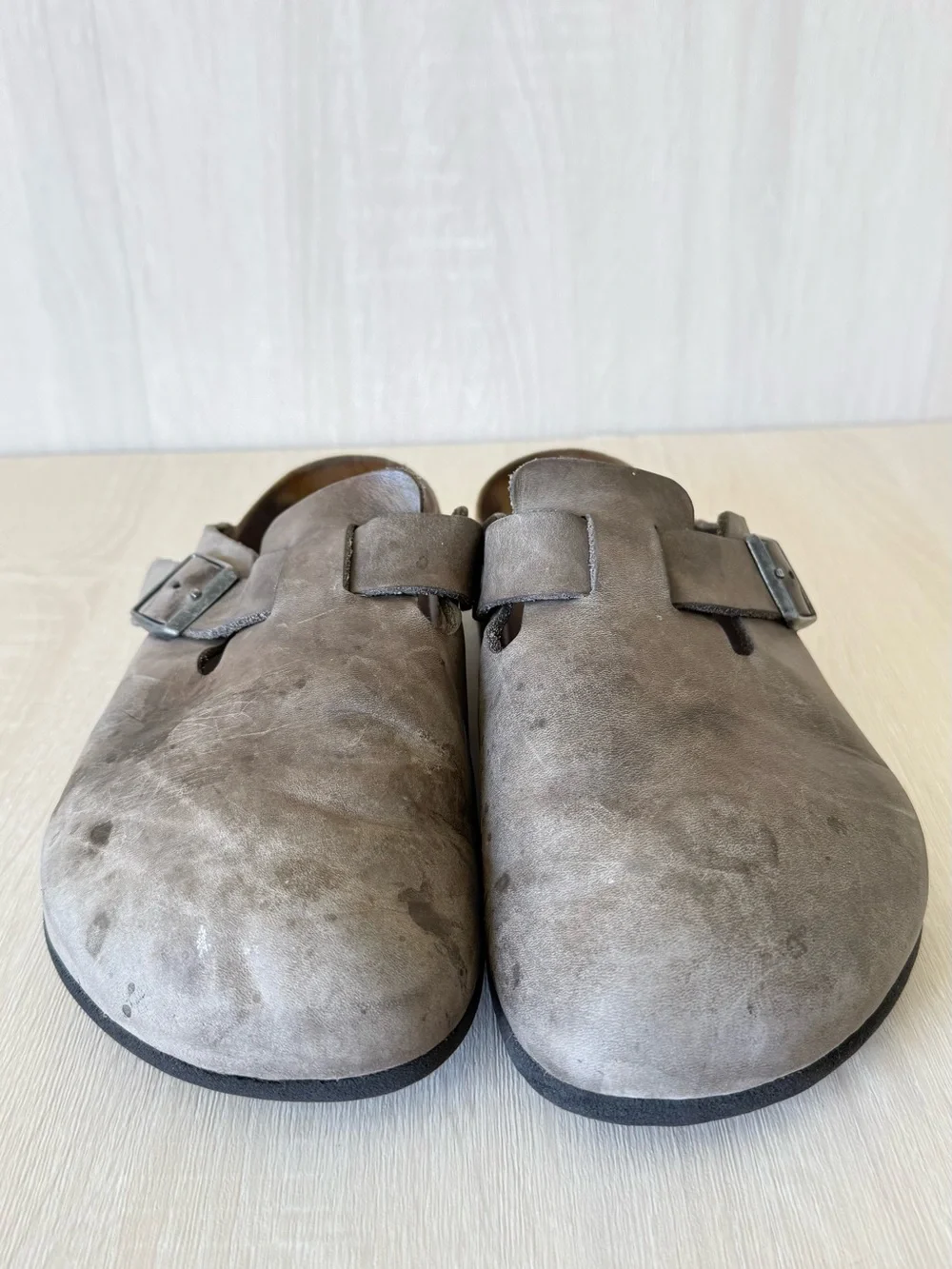 Birkenstock Boston Clogs Gray Taupe Leather Buckle Slip On Shoes Size 44